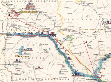Схема переселения семей Проскуряковых и Киргинцевых на фрагменте карты 1858 года